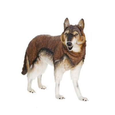 Life-size and realistic plush animals.  5496 - WOLF TIMBER STANDING 40'' L