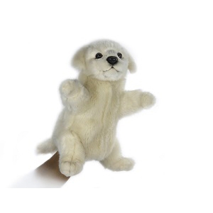 Life-size and realistic plush animals.  7338 - PUPPY WHITE PUPPET 11"L