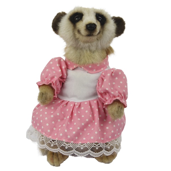 Life-size and realistic plush animals.  7875 - MEERKAT GIRL 8.5"H (PINK DRESS)